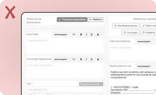 Interface antiga de prontuário com uma grande caixa de texto genérica e fundo levemente avermelhado indicando erro na abordagem.