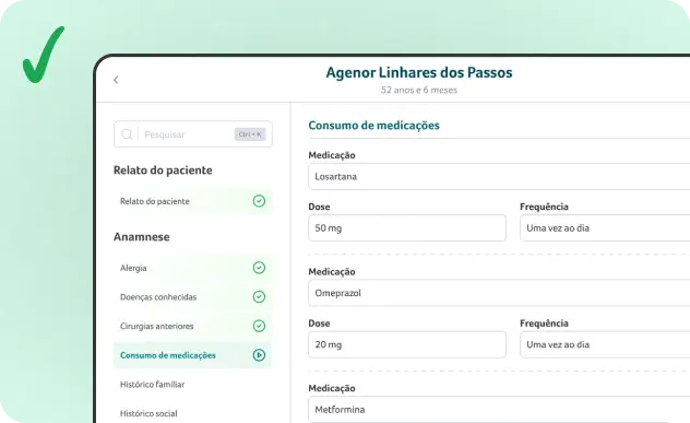Nova interface de prontuário da Kasb Health, exibindo campos estruturados, checkboxes e opções de seleção rápida, com fundo levemente esverdeado indicando a abordagem correta.